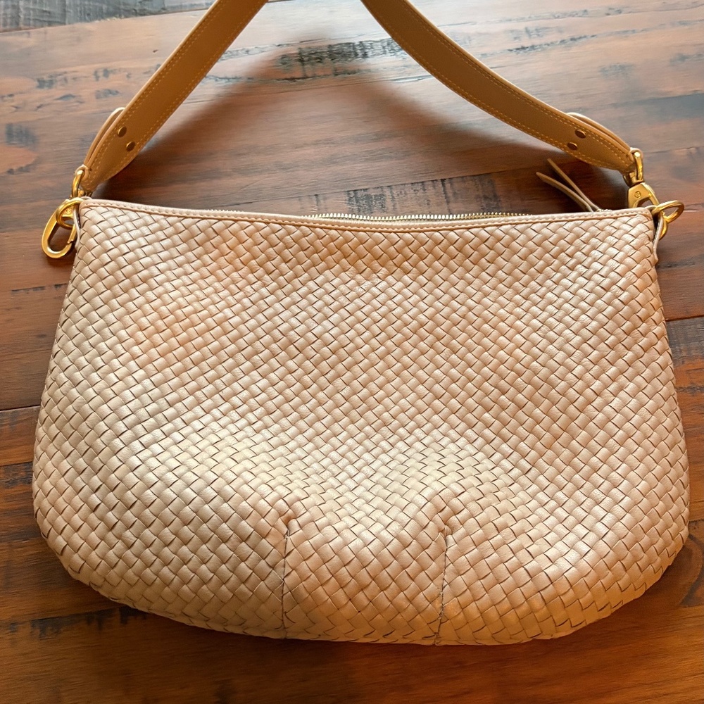 Quince Italian Leather Convertible Crescent Handwoven Shoulder Bag Taupe